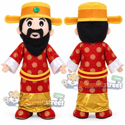 God of Fortune Mascot Costume with Red Robe and Gold Hat