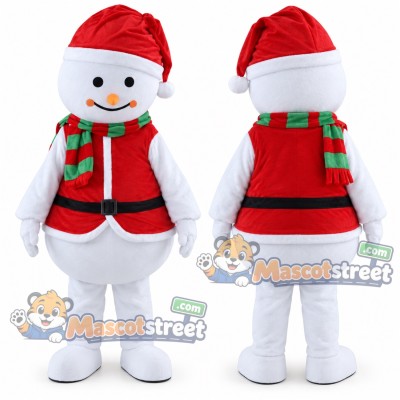 Snowman Mascot Costume with Red Vest, Green Scarf and Santa Hat Snowman Mascot Costume with Red Vest, Green Scarf and Santa Hat