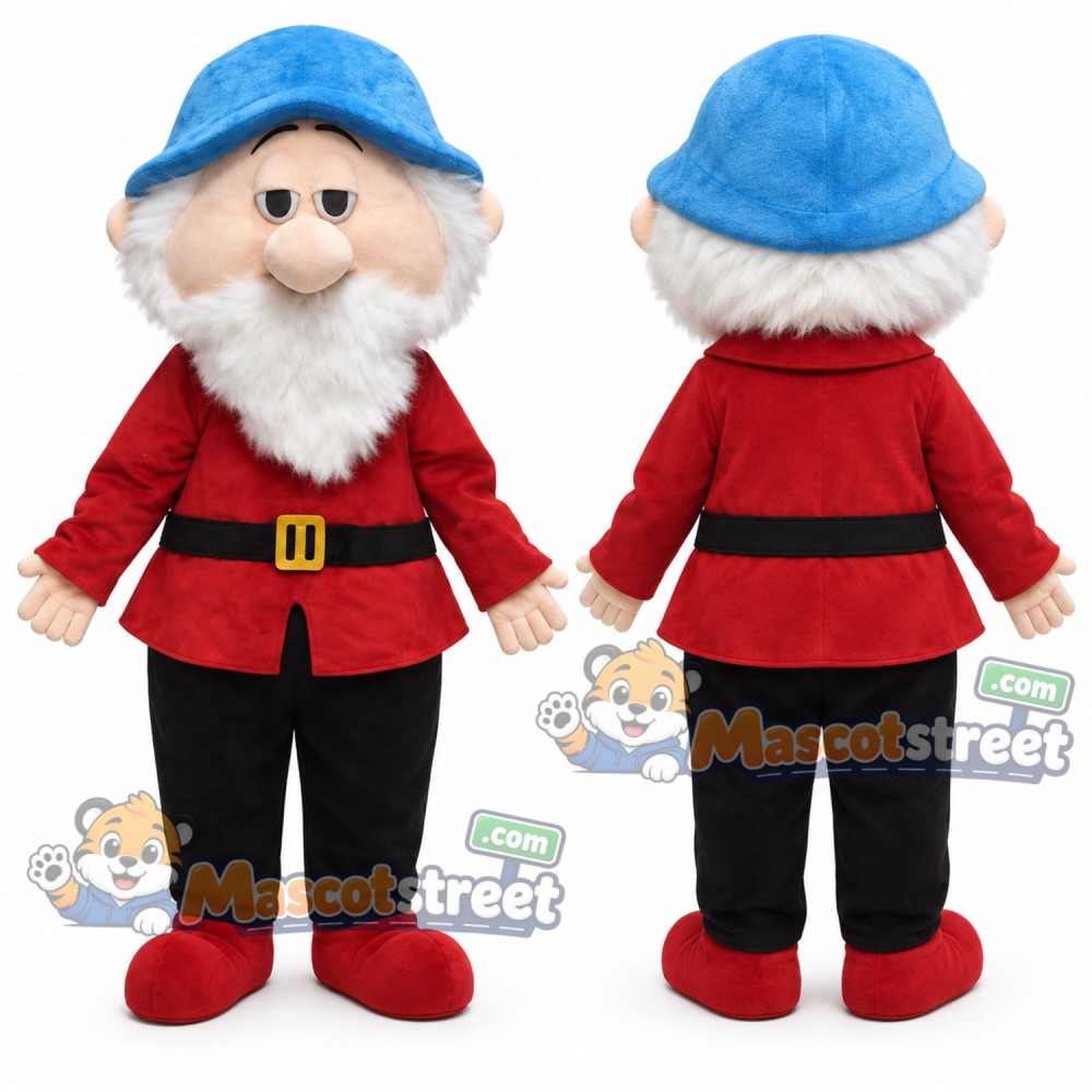 Bearded Dwarf Mascot Costume with Red Shirt, Black Trousers and Blue Cap