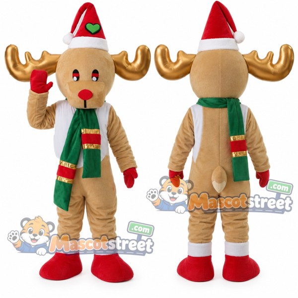 Tan Reindeer Mascot Costume with Striped Scarf and Santa Hat