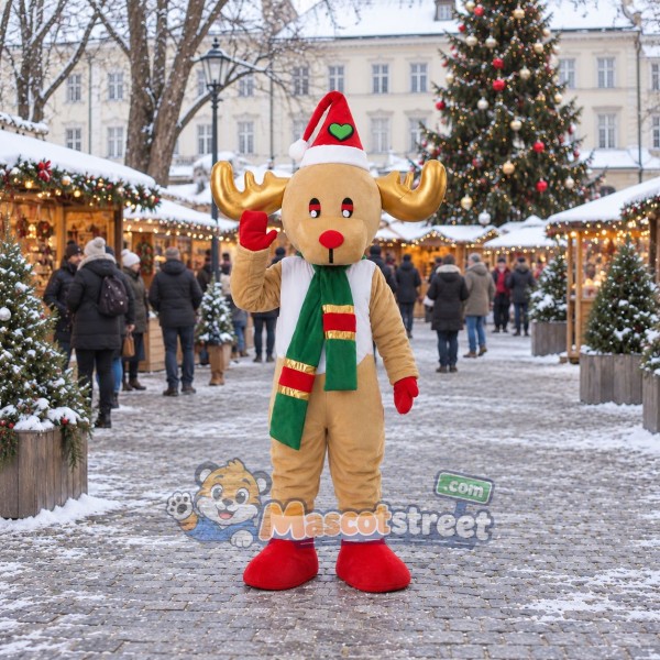 Tan Reindeer Mascot Costume with Striped Scarf and Santa Hat