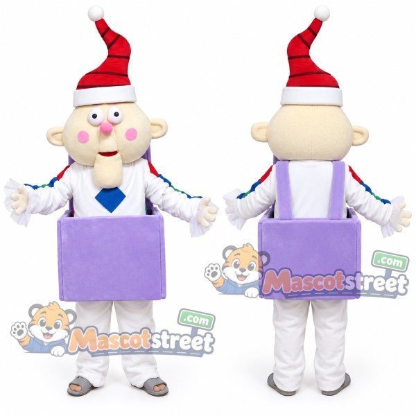 Jack in the Box Mascot Costume with White Suit, Purple Box and Santa Hat