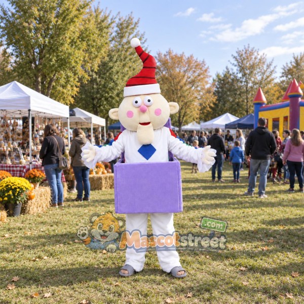 Jack in the Box Mascot Costume with White Suit, Purple Box and Santa Hat Jack in the Box Mascot Costume with White Suit, Purple Box and Santa Hat