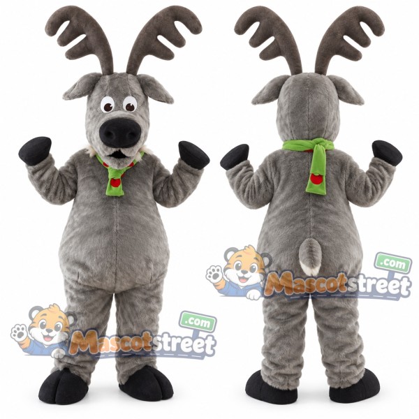 Gray Reindeer Mascot Costume with Green Scarf