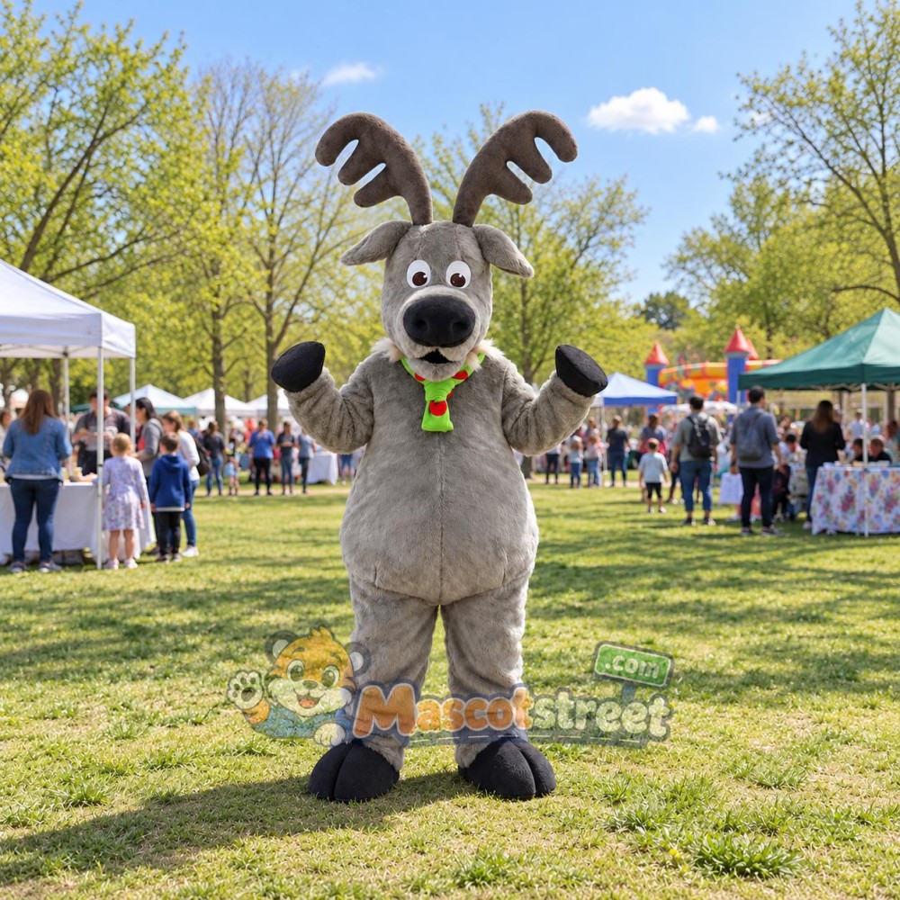 Gray Reindeer Mascot Costume with Green Scarf