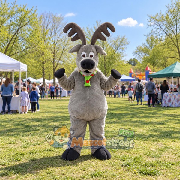 Gray Reindeer Mascot Costume with Green Scarf