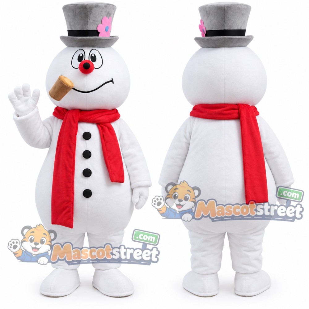 Snowman Mascot Costume with Gray Hat and Red Scarf
