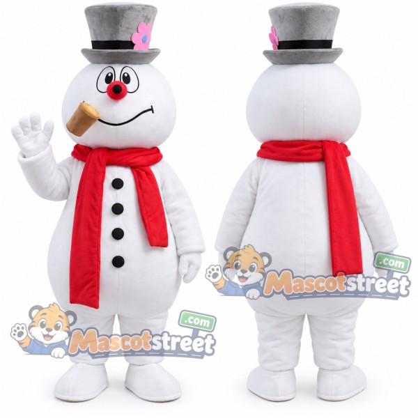 Snowman Mascot Costume with Gray Hat and Red Scarf