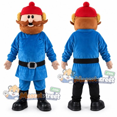 Bearded Man Mascot Costume with Blue Coat, Black Boots and Red Cap Bearded Man Mascot Costume with Blue Coat, Black Boots and Red Cap