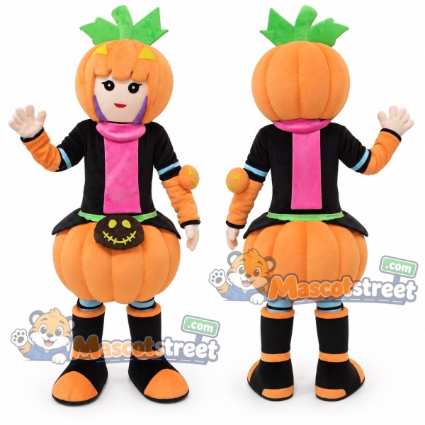 Pumpkin Child Mascot Costume with Black Jacket, Pink Shirt and Orange Shorts