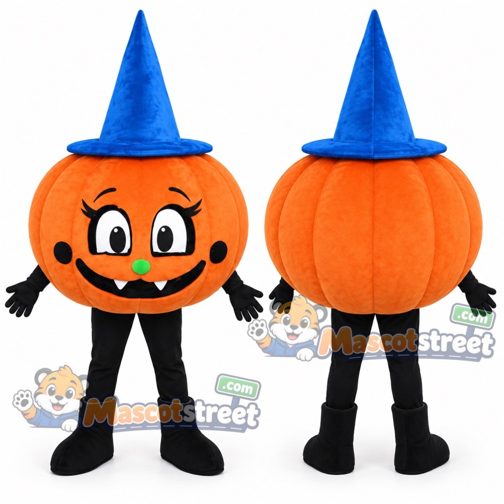 Pumpkin Mascot Costume with Blue Wizard Hat Pumpkin Mascot Costume with Blue Wizard Hat