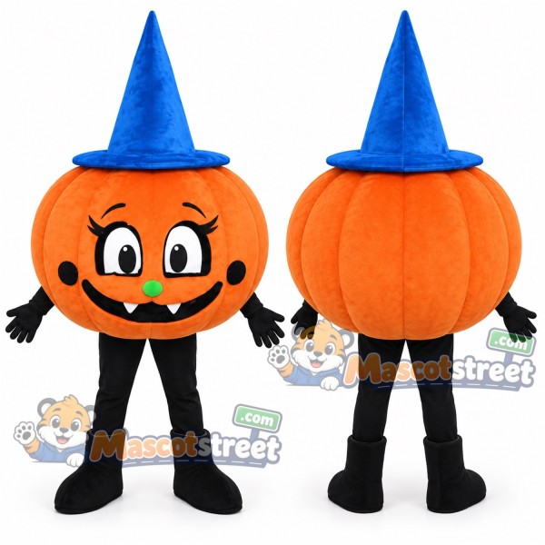 Pumpkin Mascot Costume with Blue Wizard Hat