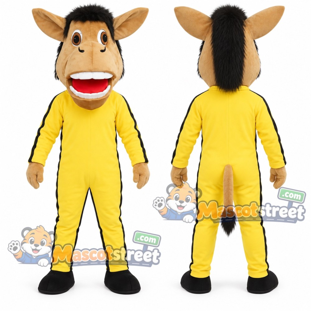 Brown Horse Mascot Costume with Yellow Jumpsuit