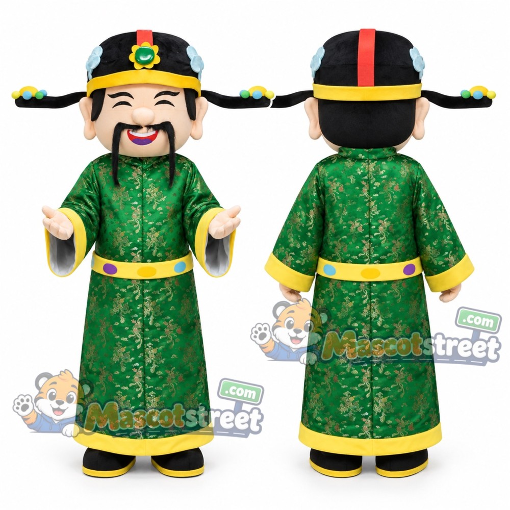 God of Fortune Mascot Costume with Green Robe and Black Hat God of Fortune Mascot Costume with Green Robe and Black Hat