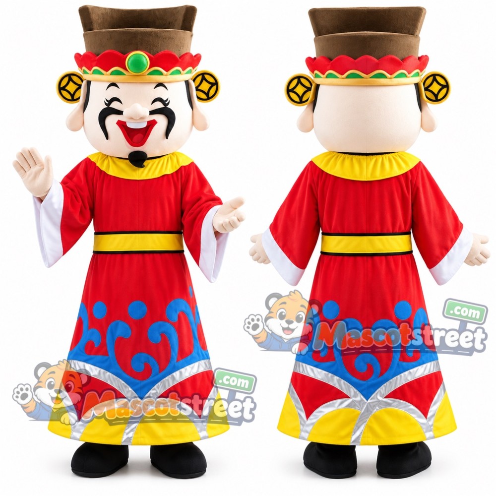 God of Fortune Mascot Costume with Red Robe and Brown Hat God of Fortune Mascot Costume with Red Robe and Brown Hat