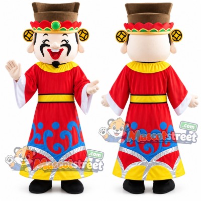 God of Fortune Mascot Costume with Red Robe and Brown Hat God of Fortune Mascot Costume with Red Robe and Brown Hat
