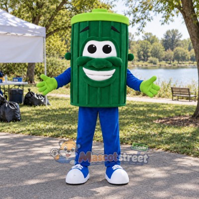 Green Trash Can Mascot Costume with Blue Trousers Green Trash Can Mascot Costume with Blue Trousers