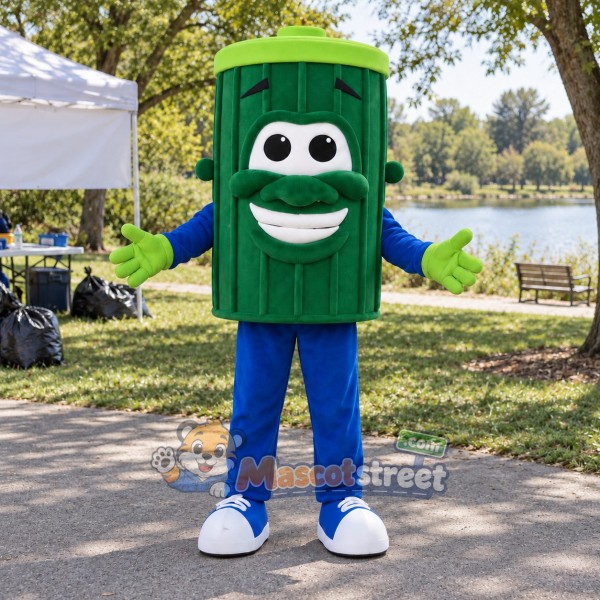 Green Trash Can Mascot Costume with Blue Trousers Green Trash Can Mascot Costume with Blue Trousers