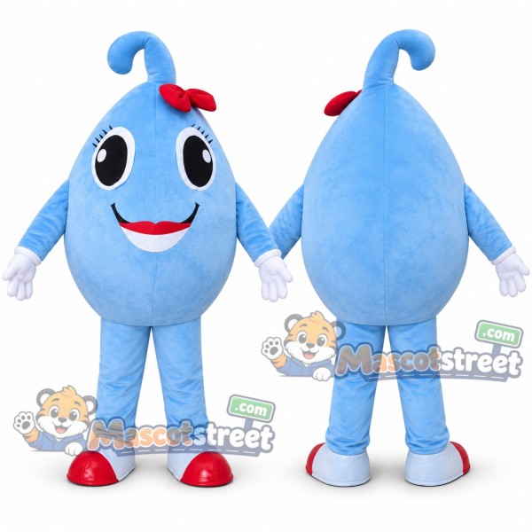 Blue Water Drop Mascot Costume with Red Bow