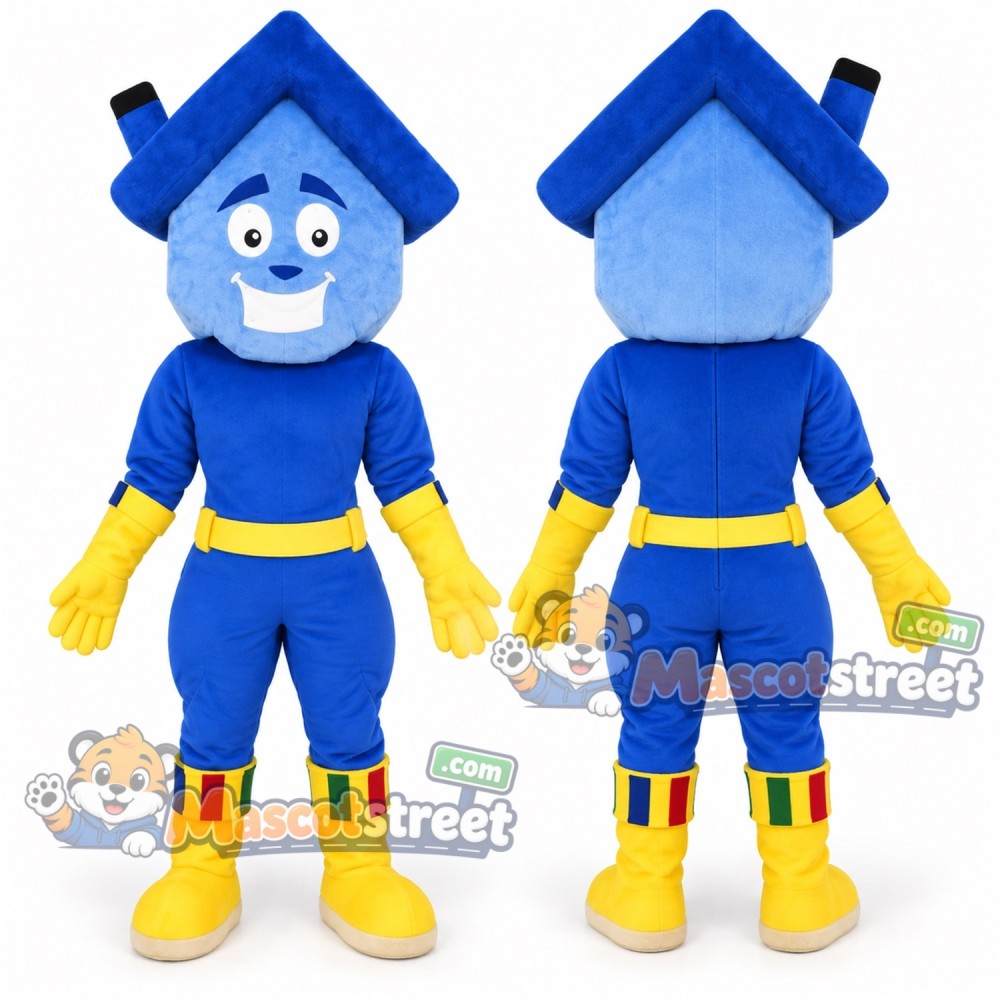 Blue House Superhero Mascot Costume with Blue Suit and Yellow Gloves Blue House Superhero Mascot Costume with Blue Suit and Yellow Gloves