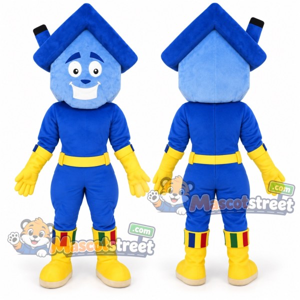 Blue House Superhero Mascot Costume with Blue Suit and Yellow Gloves