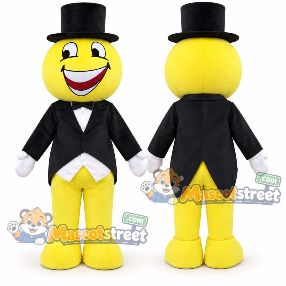 Yellow Smiley Face Mascot Costume with Black Tailcoat and Top Hat Yellow Smiley Face Mascot Costume with Black Tailcoat and Top Hat