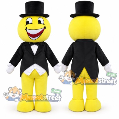 Yellow Smiley Face Mascot Costume with Black Tailcoat and Top Hat Yellow Smiley Face Mascot Costume with Black Tailcoat and Top Hat