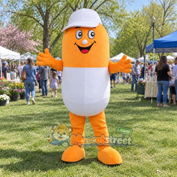 Orange and White Capsule Mascot Costume with White Cap Orange and White Capsule Mascot Costume with White Cap