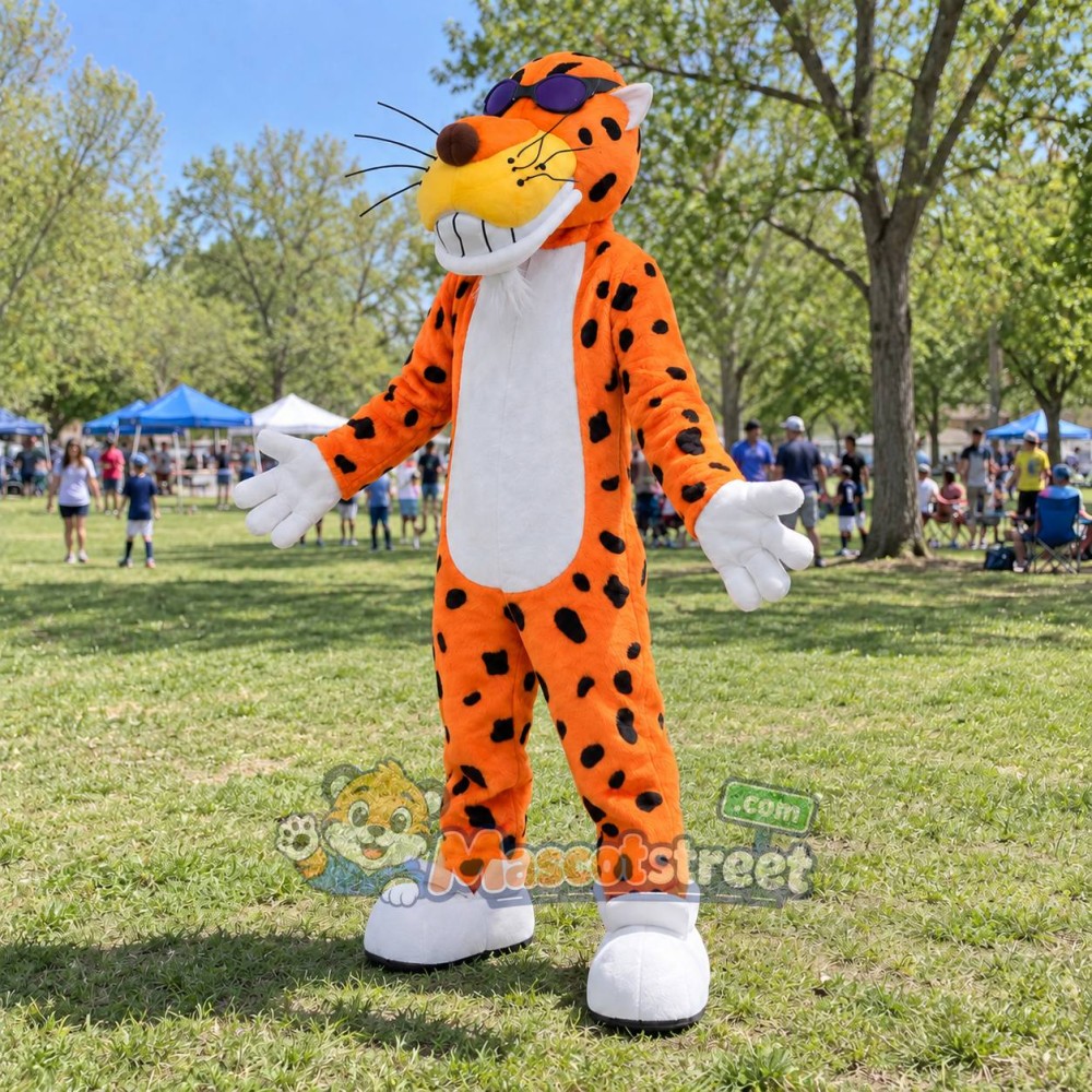 Orange Cheetah Mascot Costume with Sunglasses and Cap