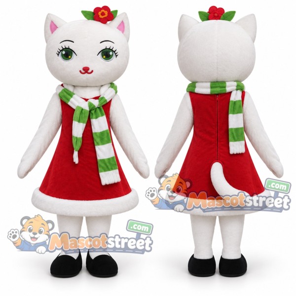 White Cat Mascot Costume with Red Dress and Green Striped Scarf