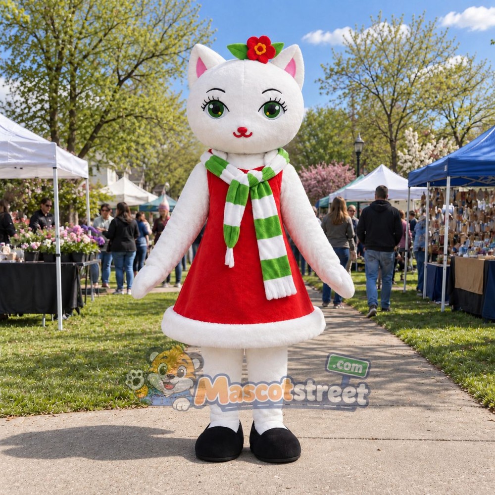 White Cat Mascot Costume with Red Dress and Green Striped Scarf White Cat Mascot Costume with Red Dress and Green Striped Scarf