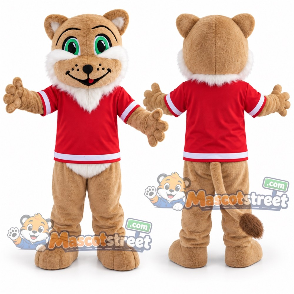 Tan Lion Mascot Costume with Red Shirt