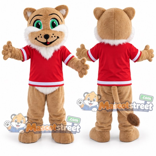 Tan Lion Mascot Costume with Red Shirt