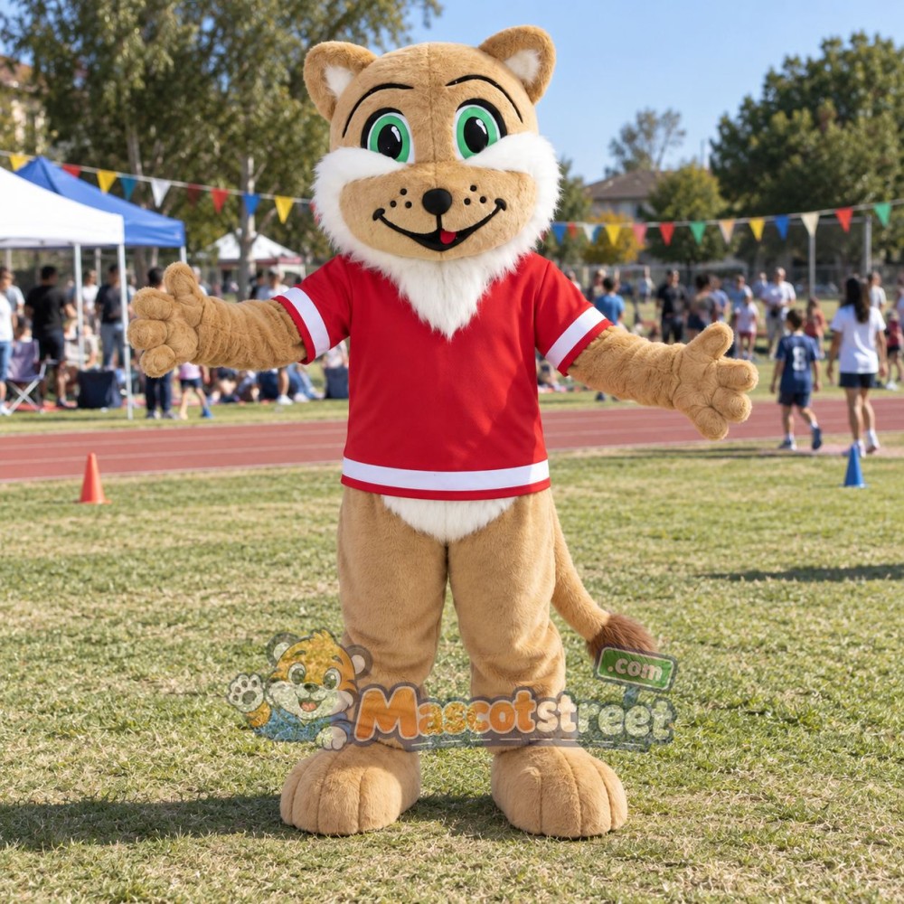 Tan Lion Mascot Costume with Red Shirt Tan Lion Mascot Costume with Red Shirt