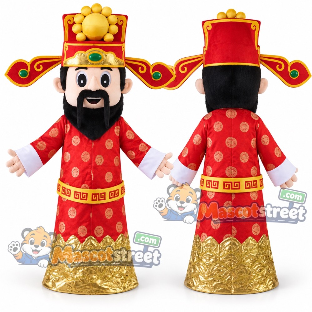 God of Fortune Mascot Costume with Red and Gold Robe and Red Hat