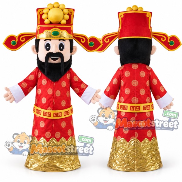 God of Fortune Mascot Costume with Red and Gold Robe and Red Hat