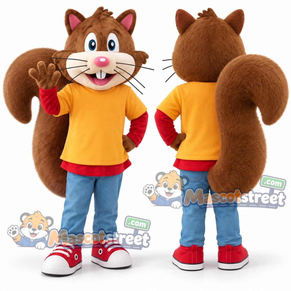 Brown Squirrel Mascot Costume with Yellow Shirt and Blue Trousers Brown Squirrel Mascot Costume with Yellow Shirt and Blue Trousers