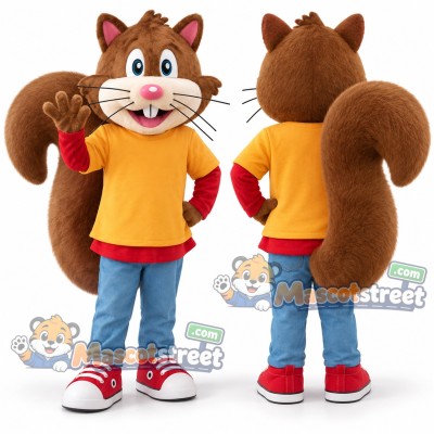 Brown Squirrel Mascot Costume with Yellow Shirt and Blue Trousers Brown Squirrel Mascot Costume with Yellow Shirt and Blue Trousers