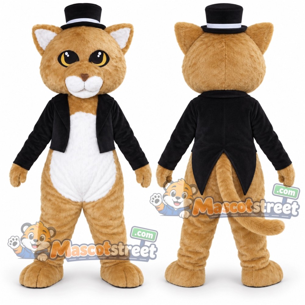 Tan Cat Mascot Costume with Black Jacket and Black Hat Tan Cat Mascot Costume with Black Jacket and Black Hat