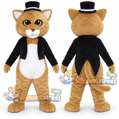 Tan Cat Mascot Costume with Black Jacket and Black Hat Tan Cat Mascot Costume with Black Jacket and Black Hat