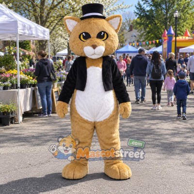 Tan Cat Mascot Costume with Black Jacket and Black Hat Tan Cat Mascot Costume with Black Jacket and Black Hat
