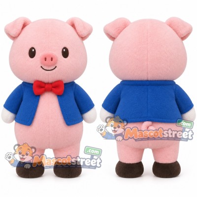 Pink Pig Mascot Costume with Blue Jacket and Red Bow Tie