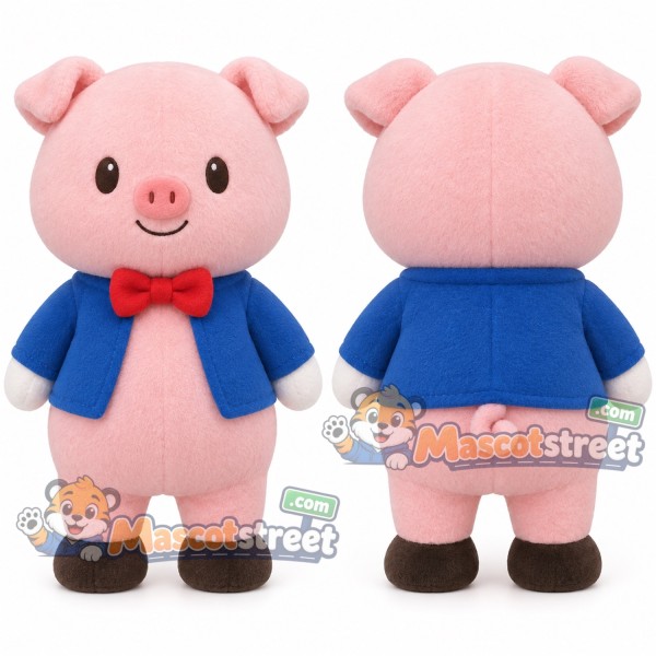 Pink Pig Mascot Costume with Blue Jacket and Red Bow Tie