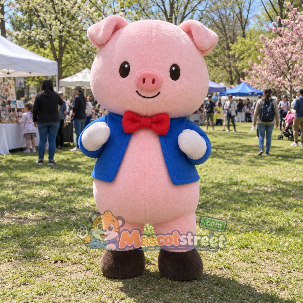 Pink Pig Mascot Costume with Blue Jacket and Red Bow Tie Pink Pig Mascot Costume with Blue Jacket and Red Bow Tie