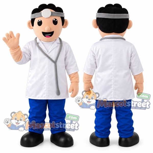 Doctor Mascot Costume with White Coat, Blue Trousers and Head Mirror