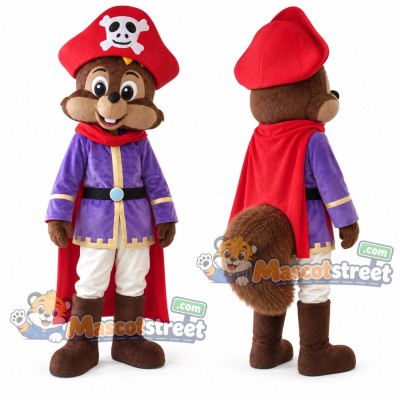 Brown Squirrel Mascot Costume with Purple Pirate Coat and Red Pirate Hat Brown Squirrel Mascot Costume with Purple Pirate Coat and Red Pirate Hat
