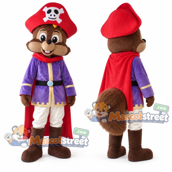 Brown Squirrel Mascot Costume with Purple Pirate Coat and Red Pirate Hat