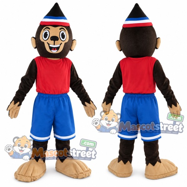 Brown Monkey Mascot Costume with Red Vest, Blue Shorts and Black Hat