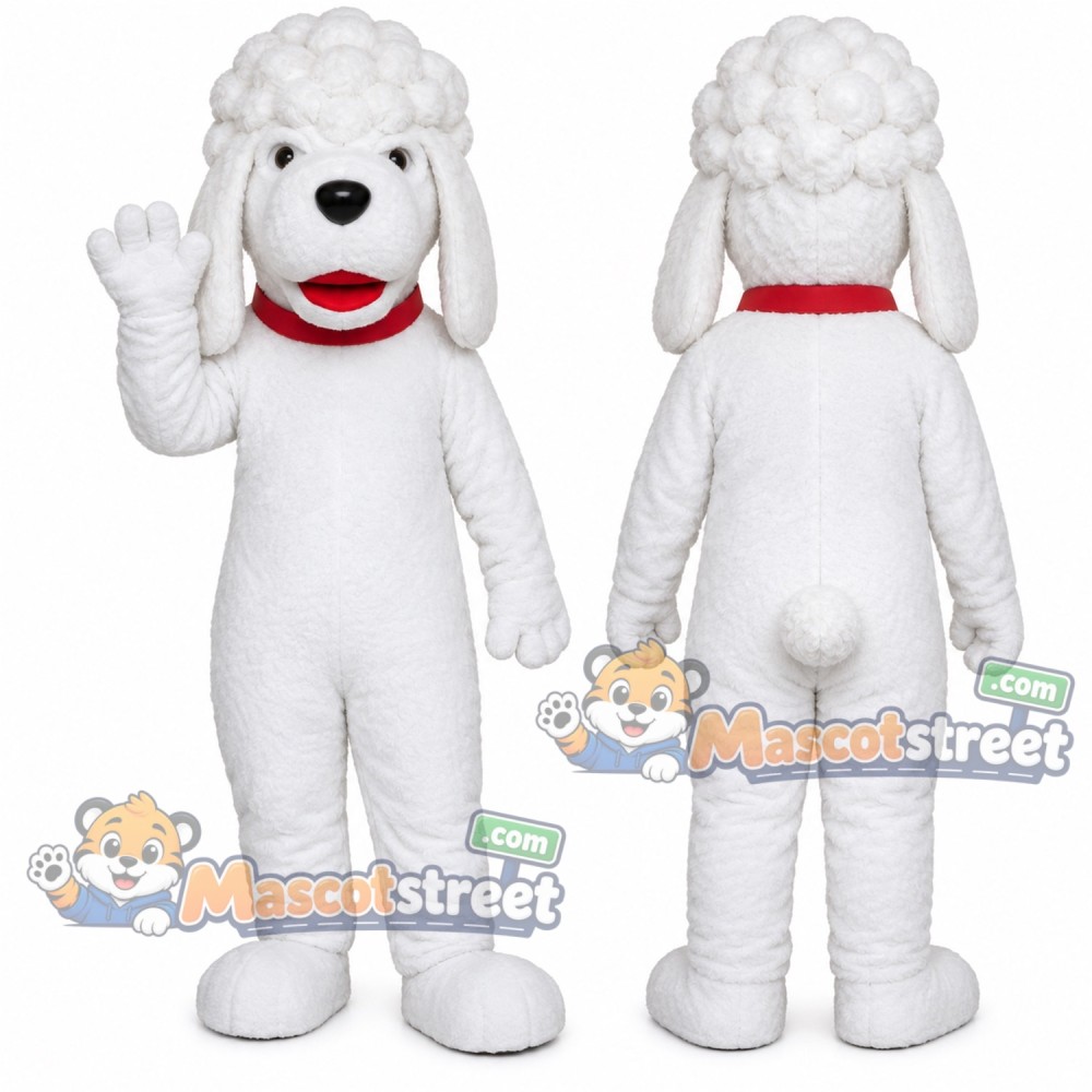 White Poodle Mascot Costume with Red Collar White Poodle Mascot Costume with Red Collar