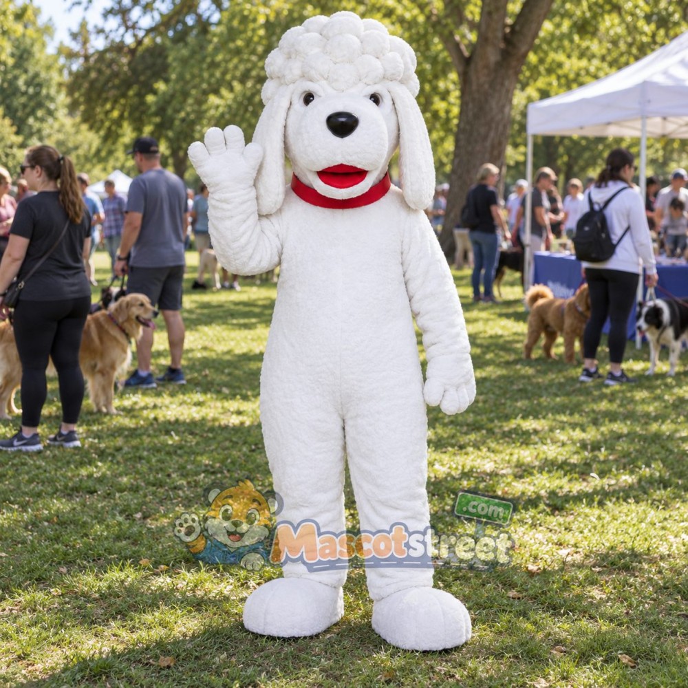 White Poodle Mascot Costume with Red Collar